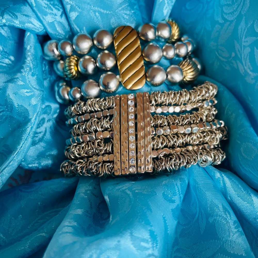 2 Silvery Golden Tones Stretch Bracelets. Layer up or wear alone.